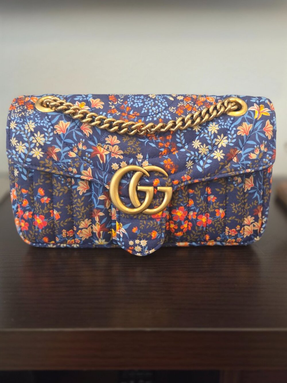 Gucci GG Marmont Floral Quilted Shoulder Bag Blue Canvas Gold Chain Medium